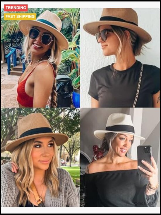 Wide Brim Straw Panama Fedora Hat UPF 80+ Summer Beach Sun Hat main image 3